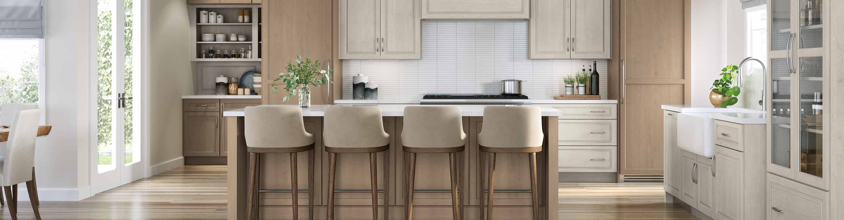 farm house kitchen in neutral shades with backsplash and wood look floors